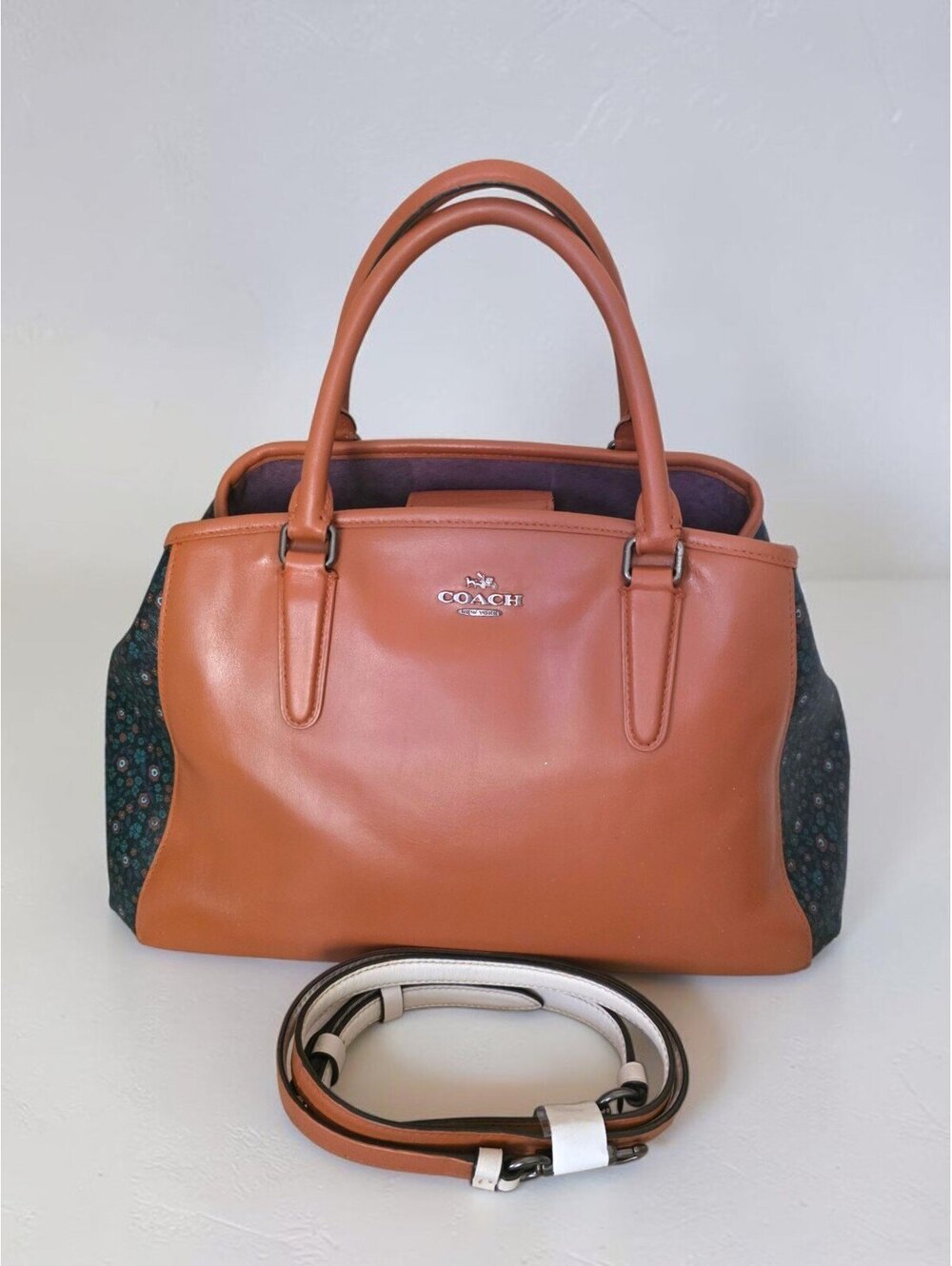 RARE COACH Margot Cognac Floral Gusset Satchel Purse Shoulder Bag